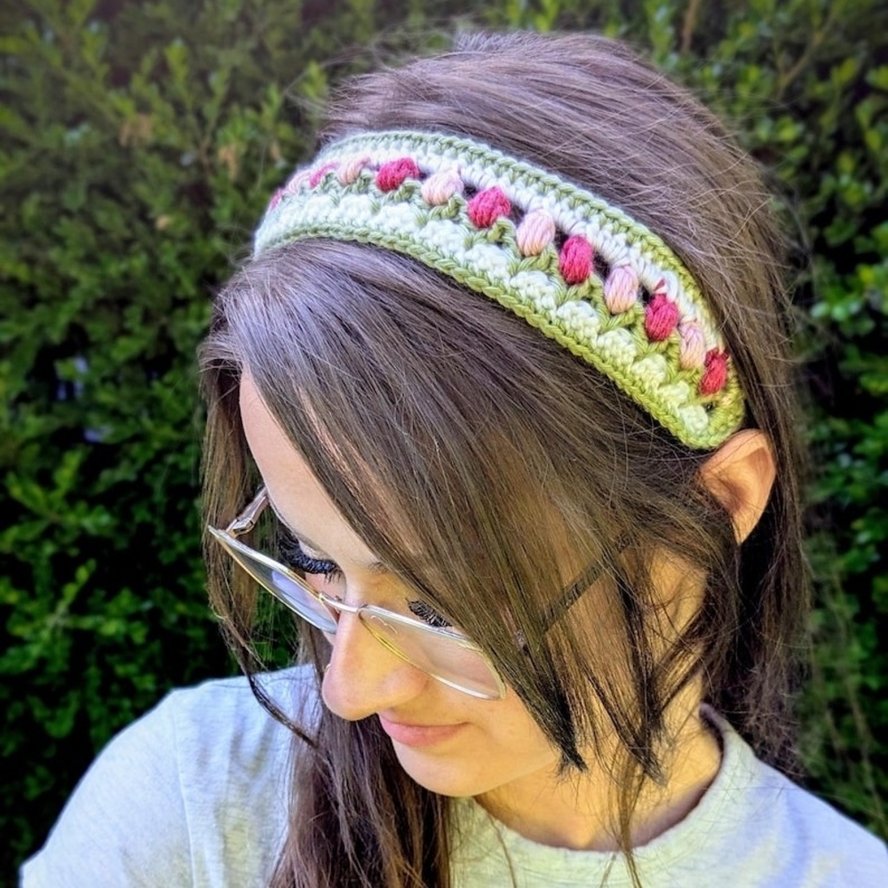 Handmade Crochet Headband with Pink and Green Accents